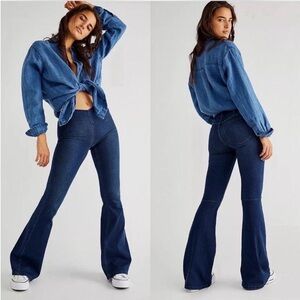 Free People We The Free Low Rise Penny Pull Flare Dark Wash Jeans Retro Stretch